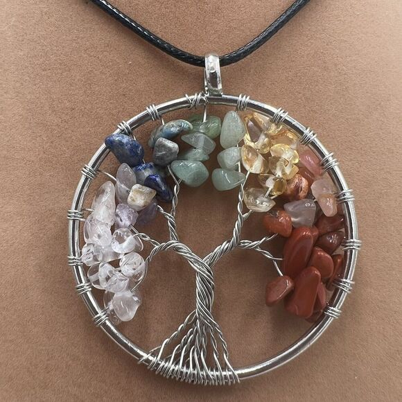 Natural Gemstone Tree Of Life Necklace Chakra Healing Wire Wrap Handmade Vegan - Picture 8 of 11
